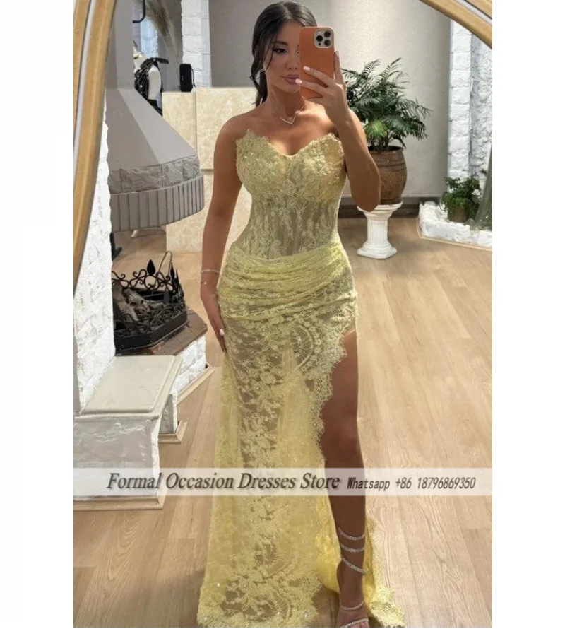 Light Yellow Prom Dresses Girls Sleeveless Mermaid Modest Lace Applique Pleated Ruffles Charming Wedding Party Dress Customized