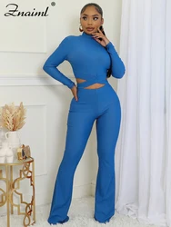 Znaiml Women's Full Sleeve Cross Hollow Out Crop Tops and Flare Pants Set Spring Fall Fitness Sports Blue Two 2 Piece Outfits