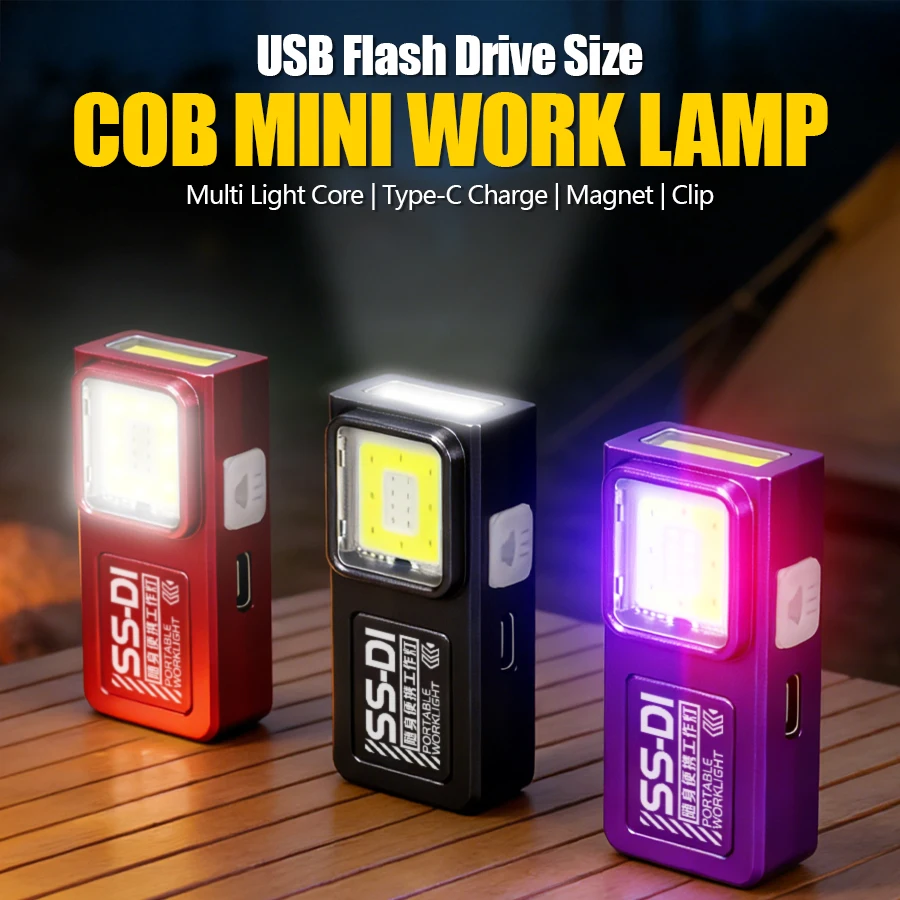 Mini COB LED Taschenlampe Wiederaufladbar Tragbare EDC-Fackel USB-C Taschenleuchte Flutlicht Arbeitsleuchte mit Clip und Magnet für Notfälle