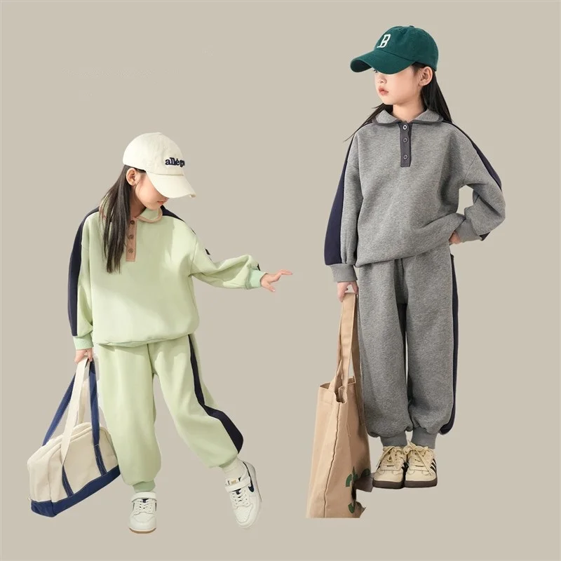 

Spring Autumn Girls Cotton Contrast Preppy Sweatshirt+Sweatpant School Kids Tracksuit Child 2PCS Work Outfit Jogger Set 5-16 Yrs