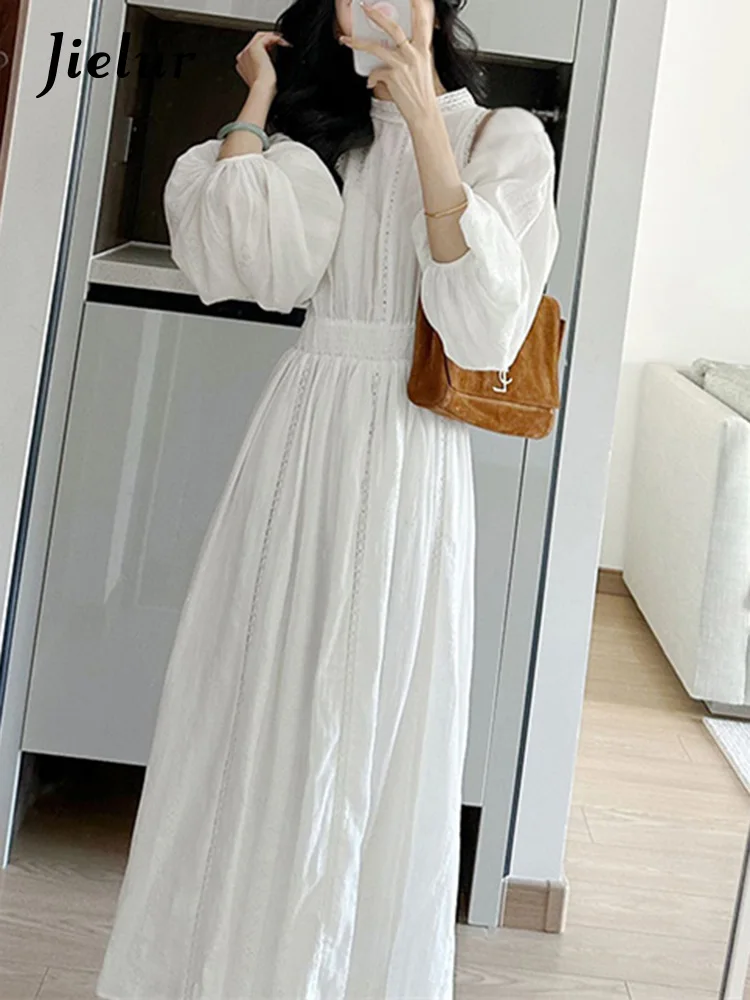 Jielur-Vestido francês feminino branco de mangas compridas, vestido Lady Midi, elegante, casual, chique, moda coreana, primavera, verão, novo