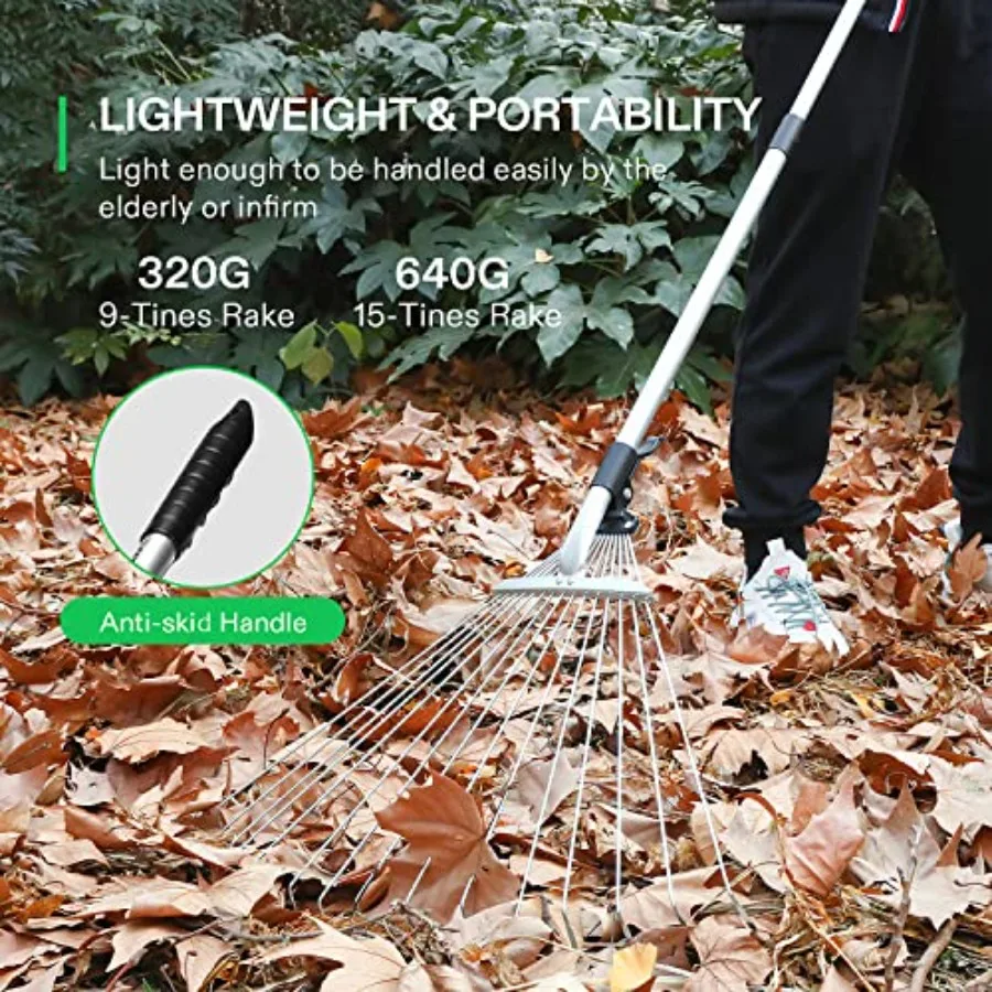 2-Piece Leaf Rake Set - Adjustable Garden/Camping Rake with 15/9 Tines, Collapsing Tines Telescopic Handle