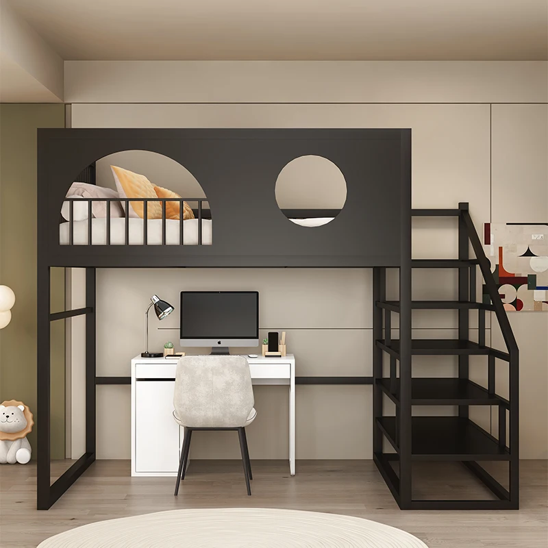 Duplex elevated bed, empty desk under the bed, and integrated bed