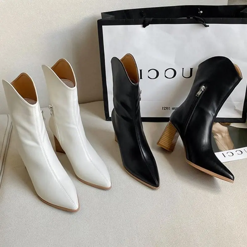 

Women Slim slim shoes short boots plus velvet everything off-white pointed toe thick heel high heel French mid-leg cowboy boots