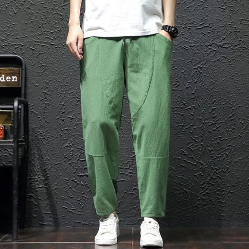Сплошной цвет, тонкие свободные хлопковые мужские укороченные брюки, летняя классическая уличная одежда Xxxl, низкая цена, стильные мужские повседневные шаровары