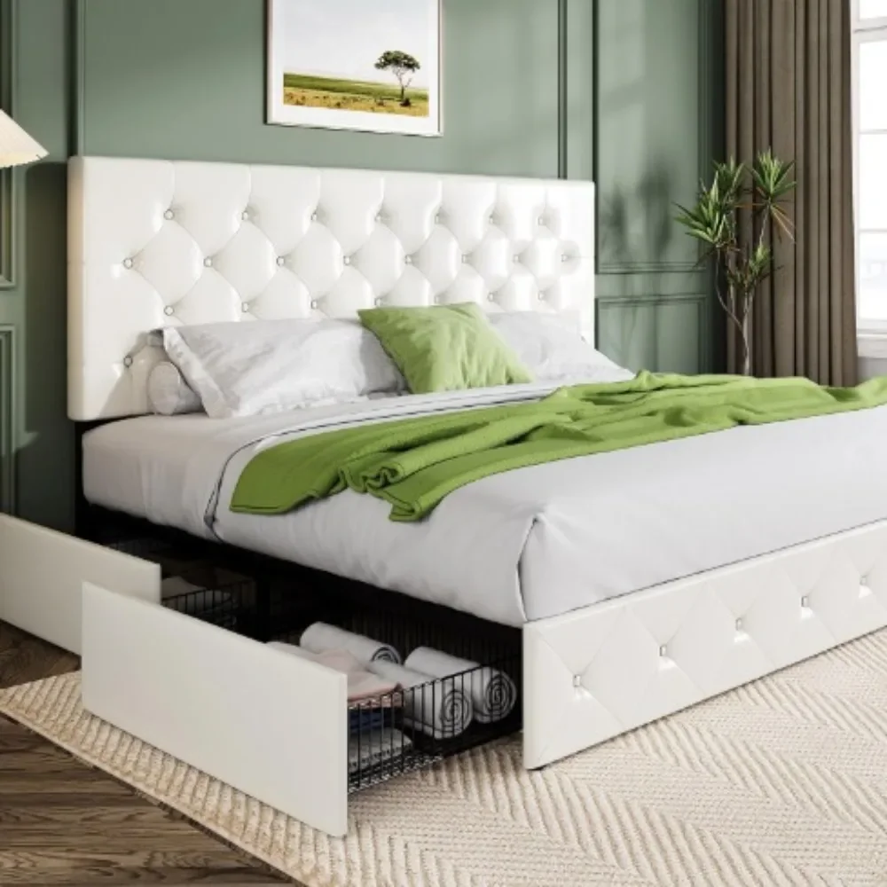 Extra large bed frame with 4 storage drawers and headboard/padded diamond sewn button tuft/wooden support/mattress base/bed