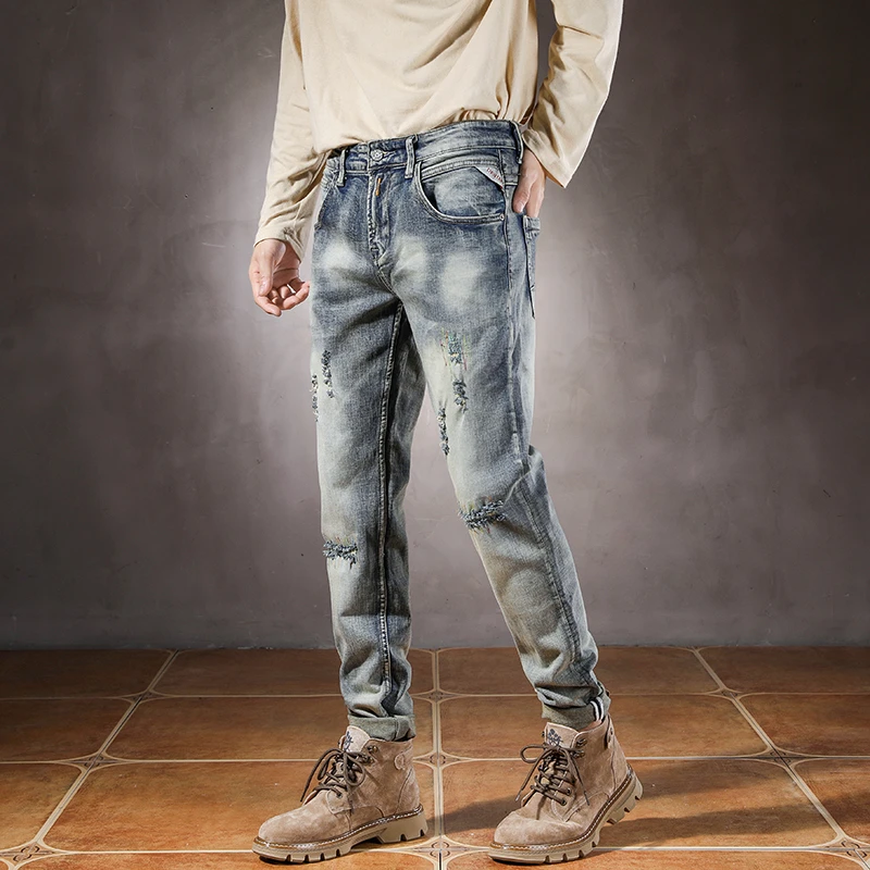

JXN852 High quality jeans men's embroidery hole patches trend fashion type retro Slim elastic long trousers