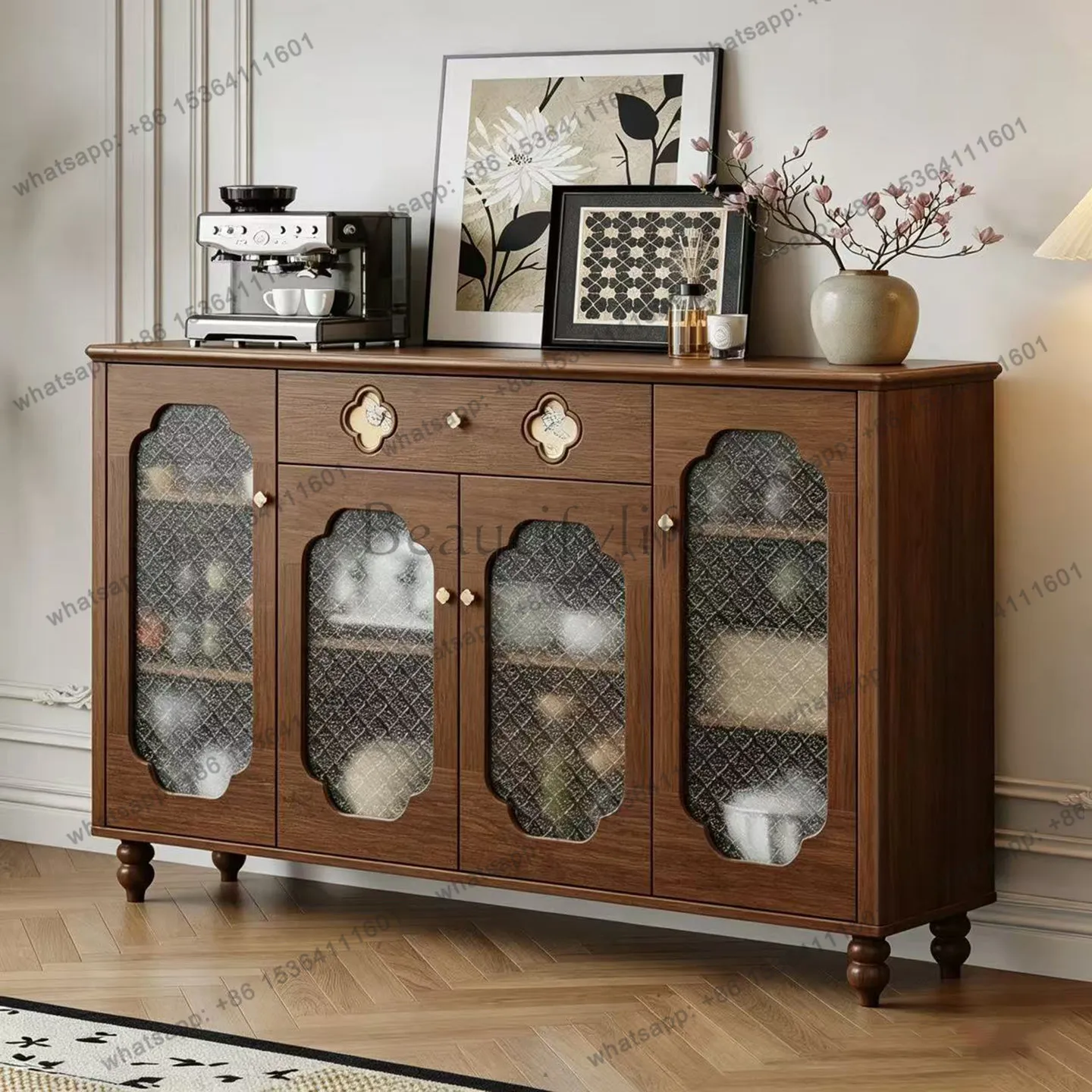 YJ New Chinese-style North American black walnut dining side cabinet Song-style aesthetic integrated locker against the wall