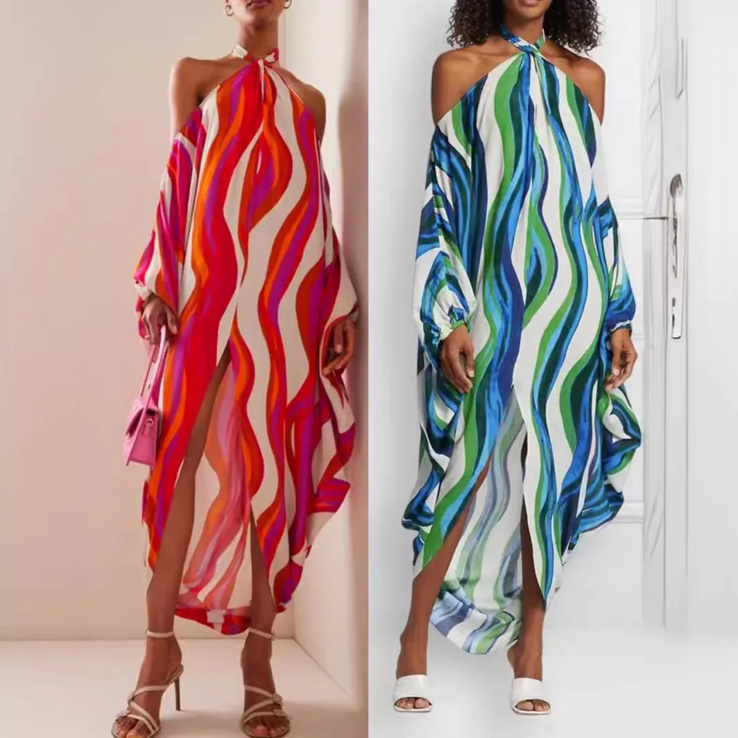 Casual Summer Dress for Women Rainbow Stripes Bare Shoulder Sexy Floral Printed Long Dress Long Sleeve Women Beach Party Dresses