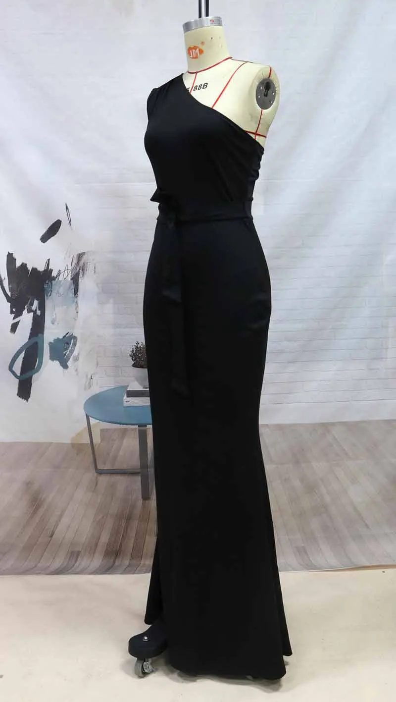 Vestido de um ombro para mulheres, bodycom longo, cinto, bainha fina, vestido de dama de honra, clássico, sexy, elegante