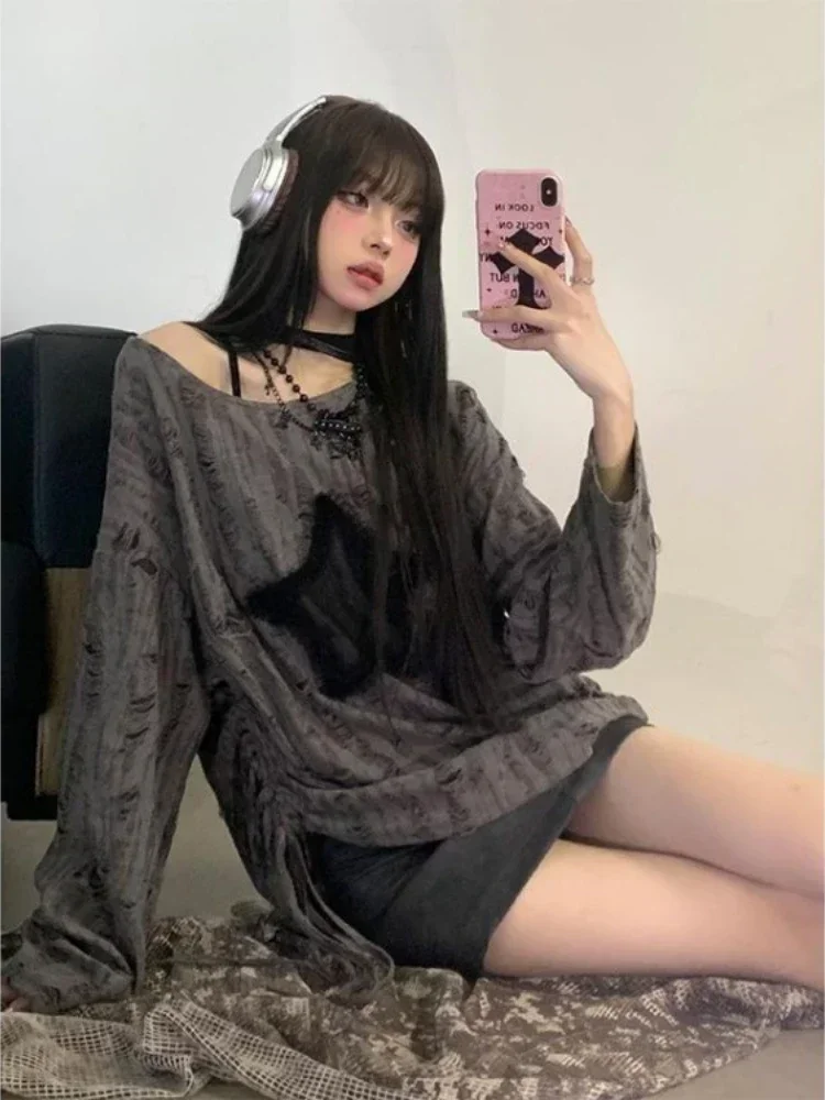 Y2k Women Vintage Star Gray Harajuku T-shirts Top Oversized Acubi Tshirt Long Sleeve Aesthetics Off Shoulder Tops Alt Clothes