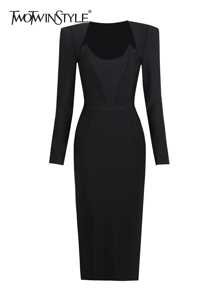 

TWOTWINSTYLE Temperament Slim Dresses For Women Square Collar Long Sleeve High Waist Elegant A Line Dress Female Fashion Clothes