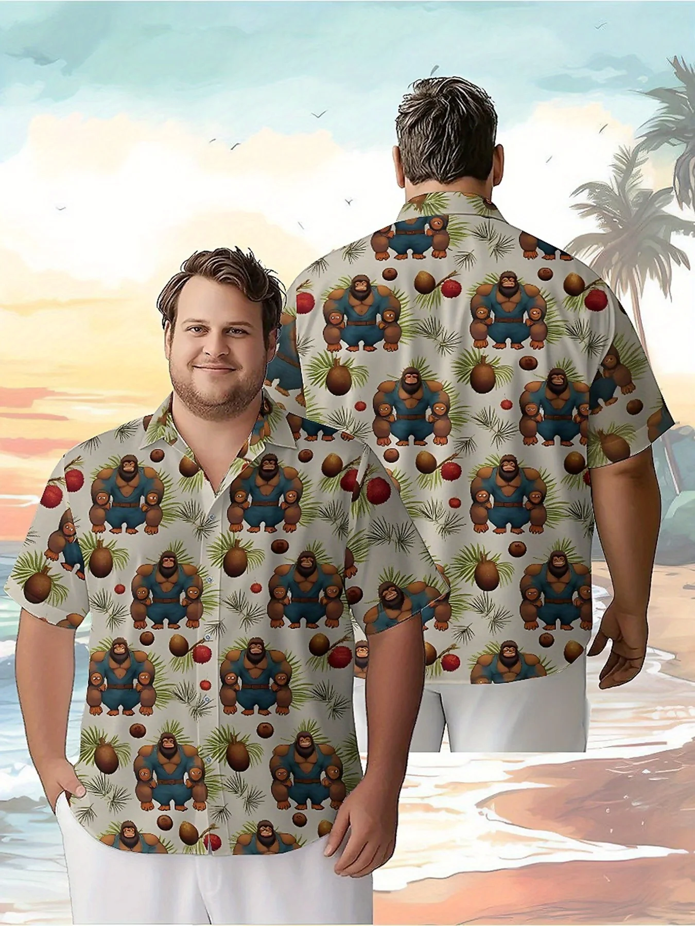 Men's Plus Size Hawaiian ShirtsSasquatch and Tropical Plantspattern, Fashionable Aloha Shirt, Summer Casual Top,unisex Clothes