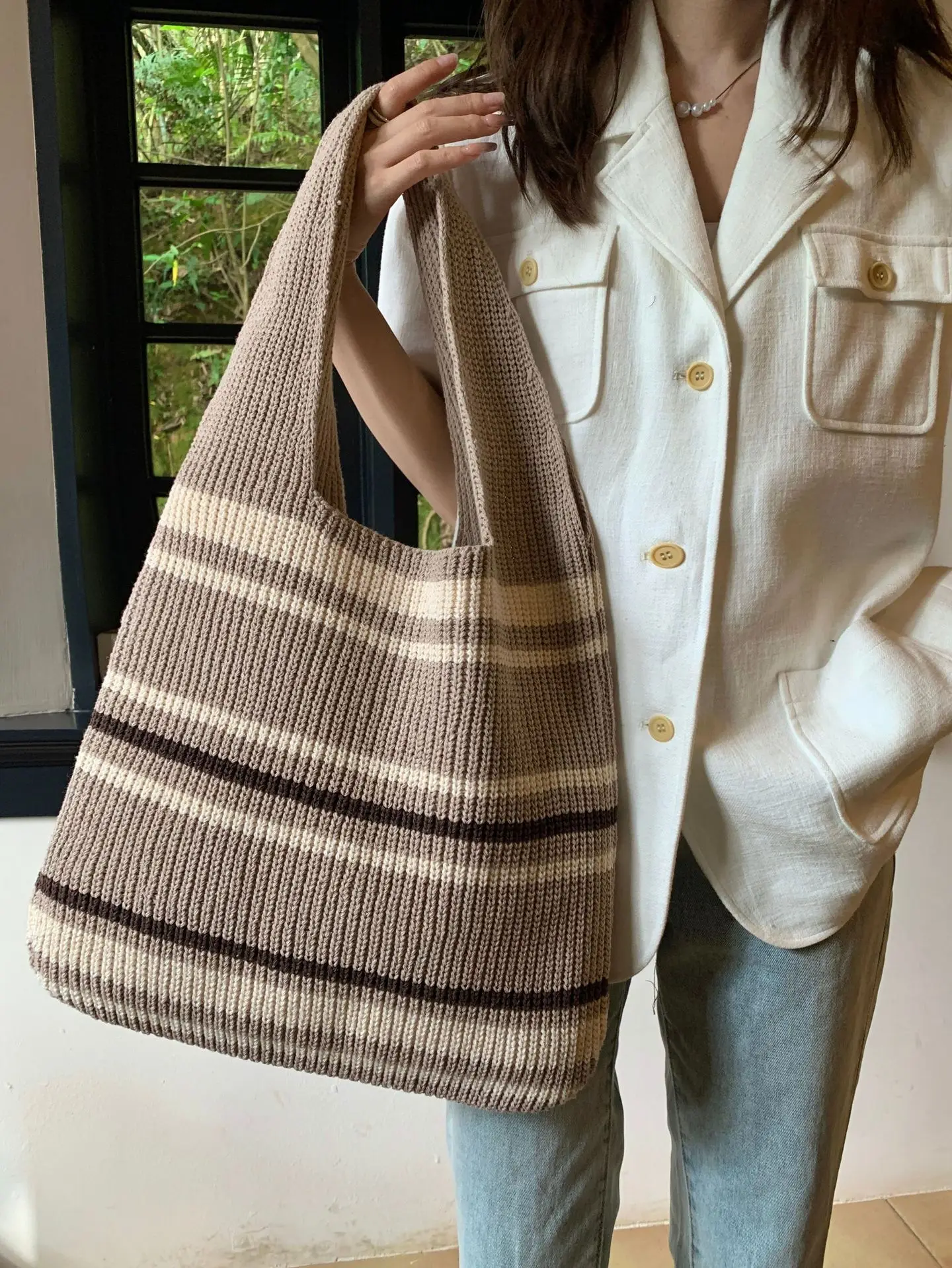 Colorful Striped Shoulder Bag Women's Fashion Designer Large Casual Tote Knit Handwoven Shopping Bag Morandi French Minimalist