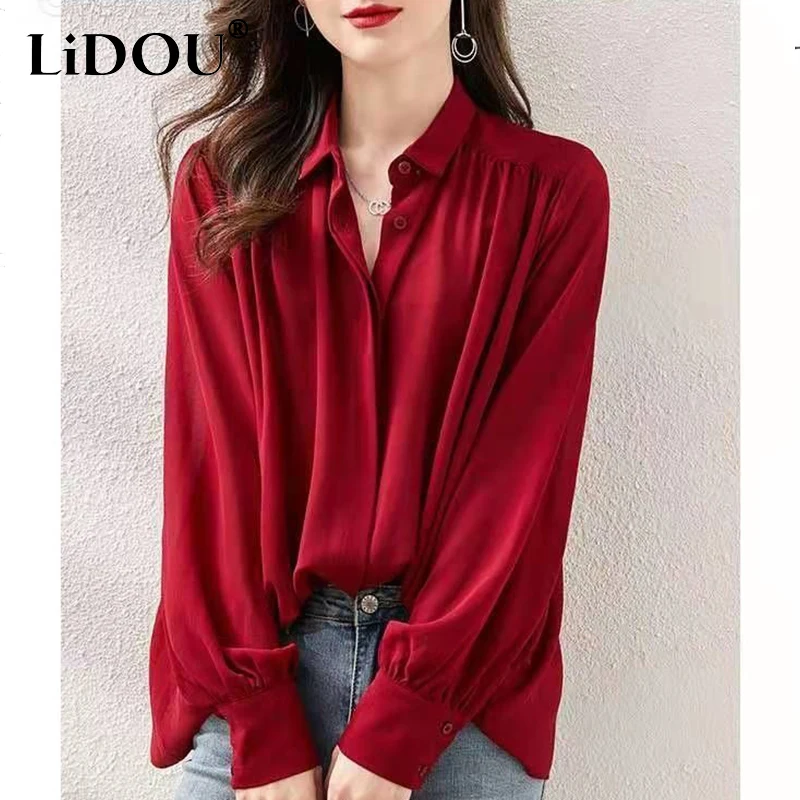 

Autumn Winter Elegant Solid Loose Female Blouse Lantern Sleeve Fashion Single Breasted Aesthetic All-match Casual Shirts Women