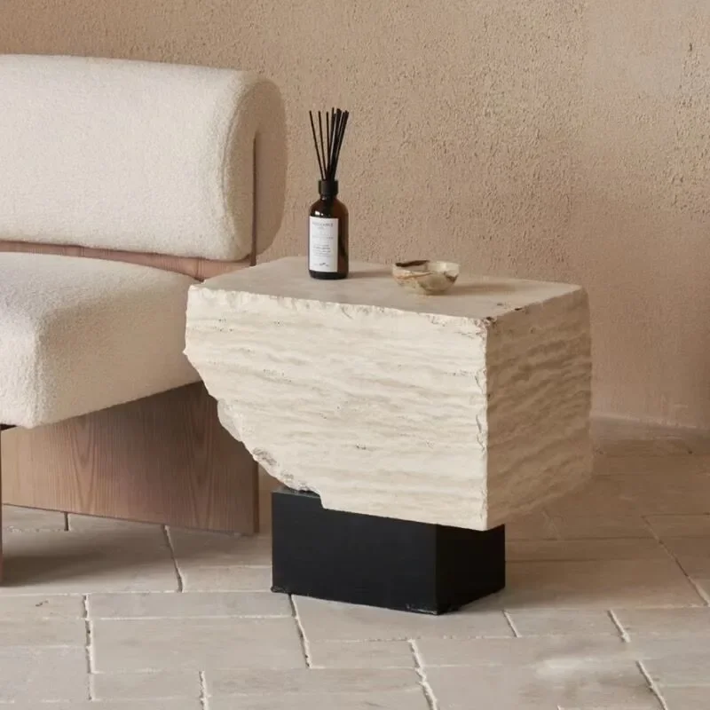 wabi-sabi wind natural cave stone edge table, sofa small coffee table, light luxury designer broken effect living room corner