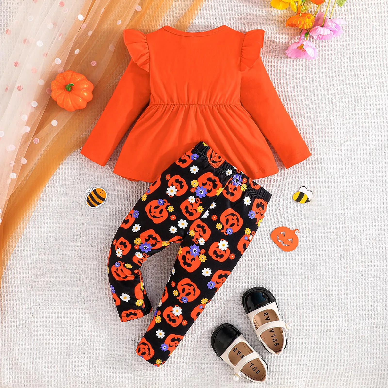 2024 New Halloween Clothes Sets For Baby Girls' Bow Knot Print Flying Sleeve Top Pumpkin Full Print Pants Two Pieces Set Girls