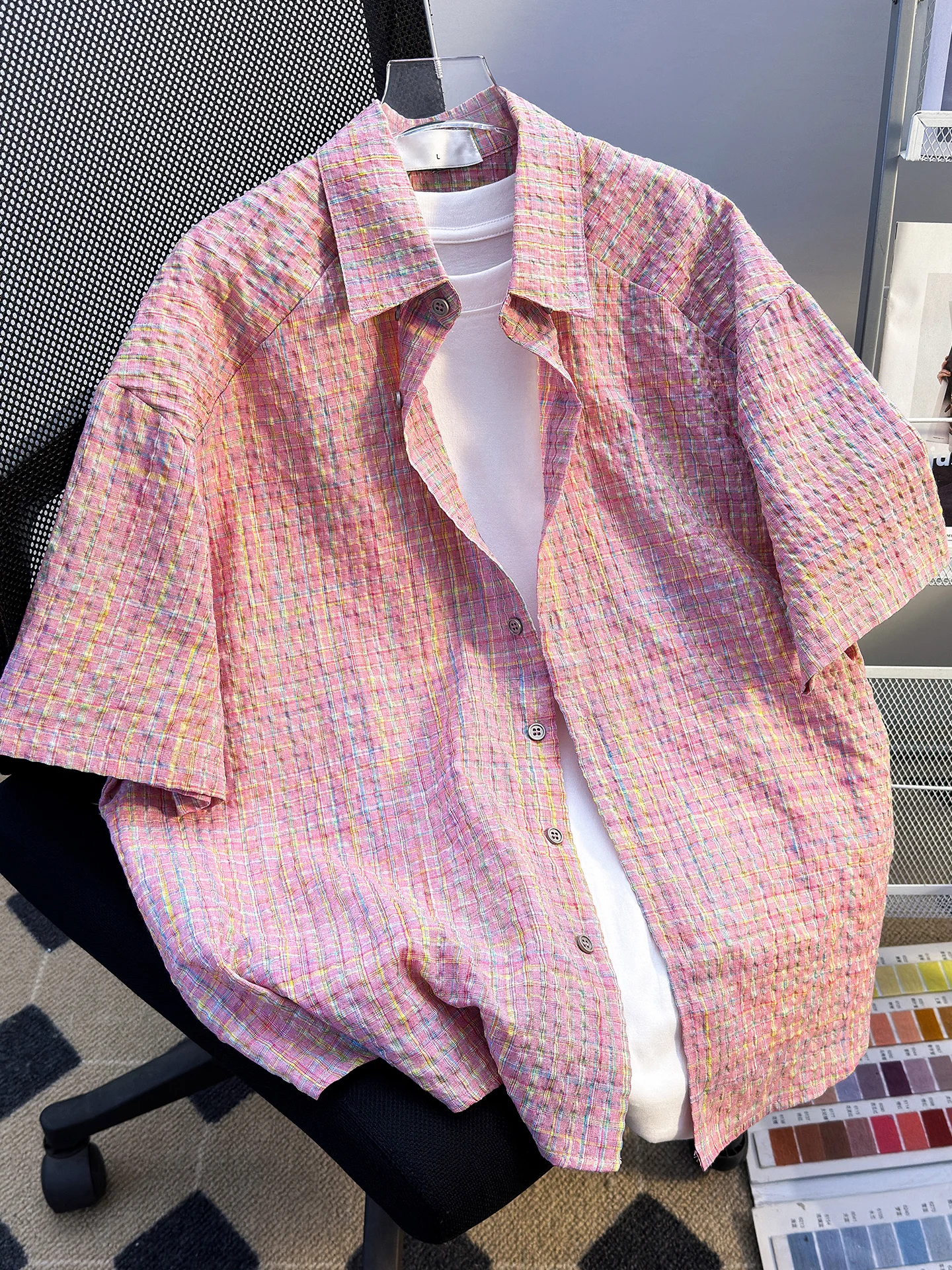 

Summer Thin Plaid ort Sve Casual irt for Men Vintage Hong Kong Sle Japanese Retro Cool Student Teenage Cheered irt