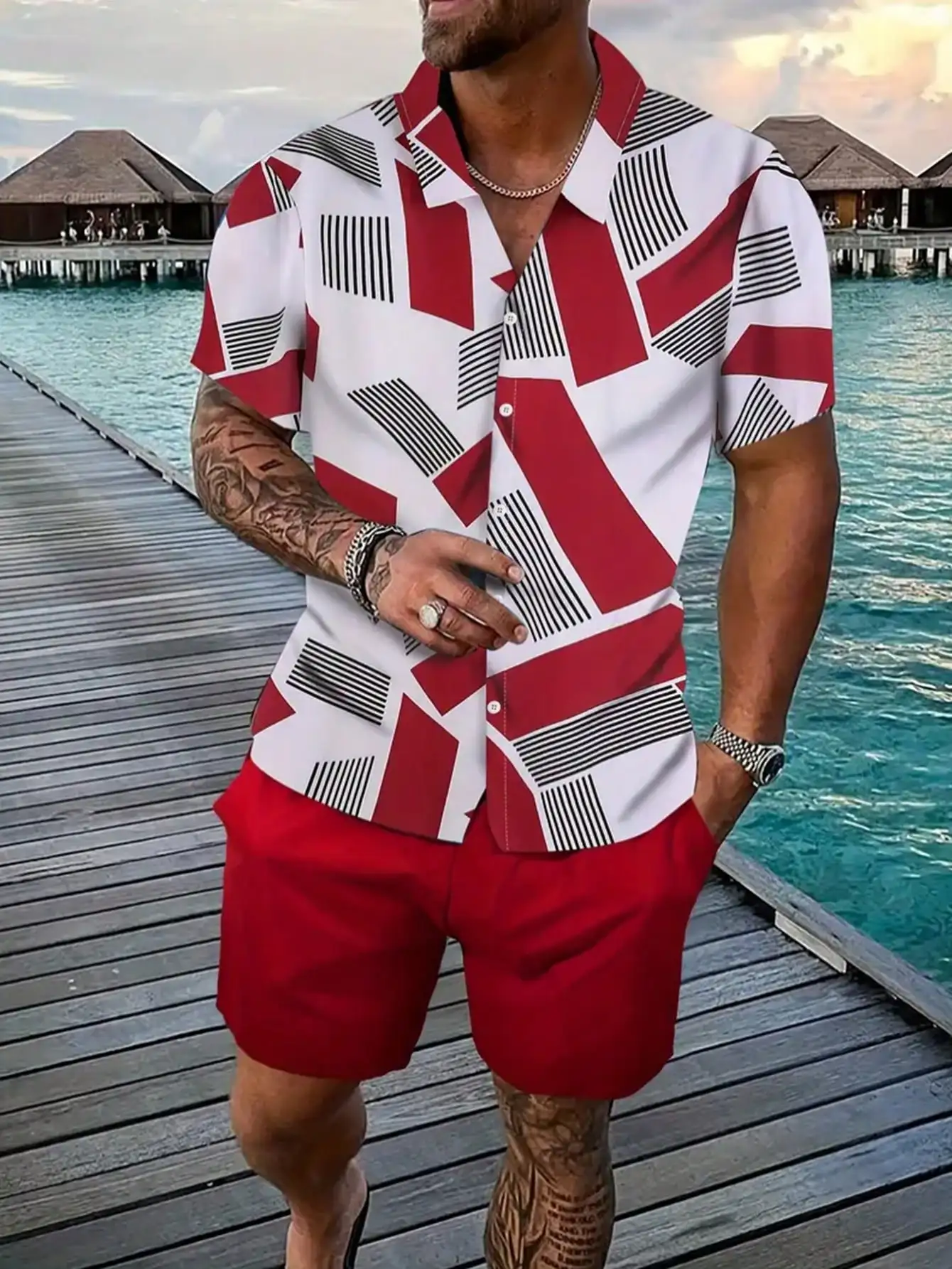 

Men's 2-Piece Vacation Set: Geometric Print Short Sleeve Shirt & Solid Red Shorts