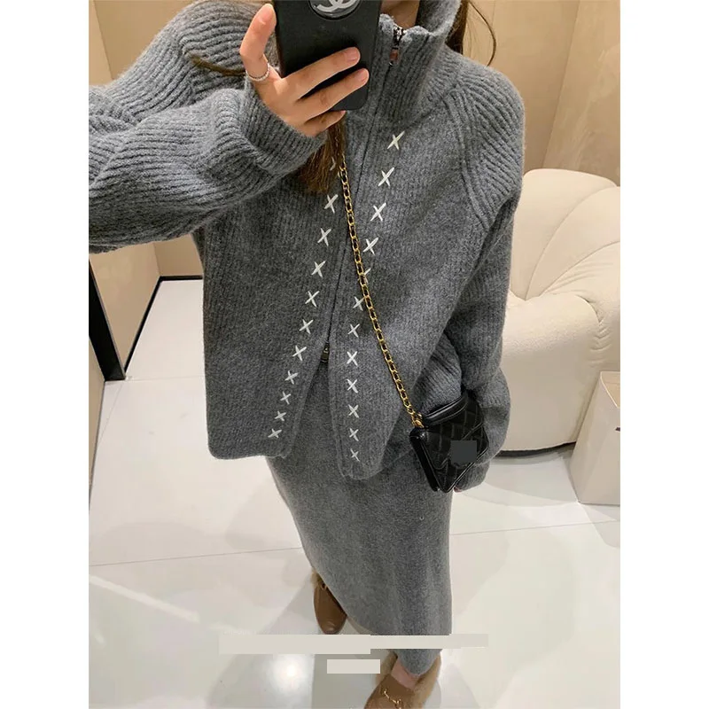 Neploe 2024 Autumn Winter Korean Simple Elegant Knitted Two Piece Suits Femme Stand Up Collar Sweater Coat High-End A-line Skirt