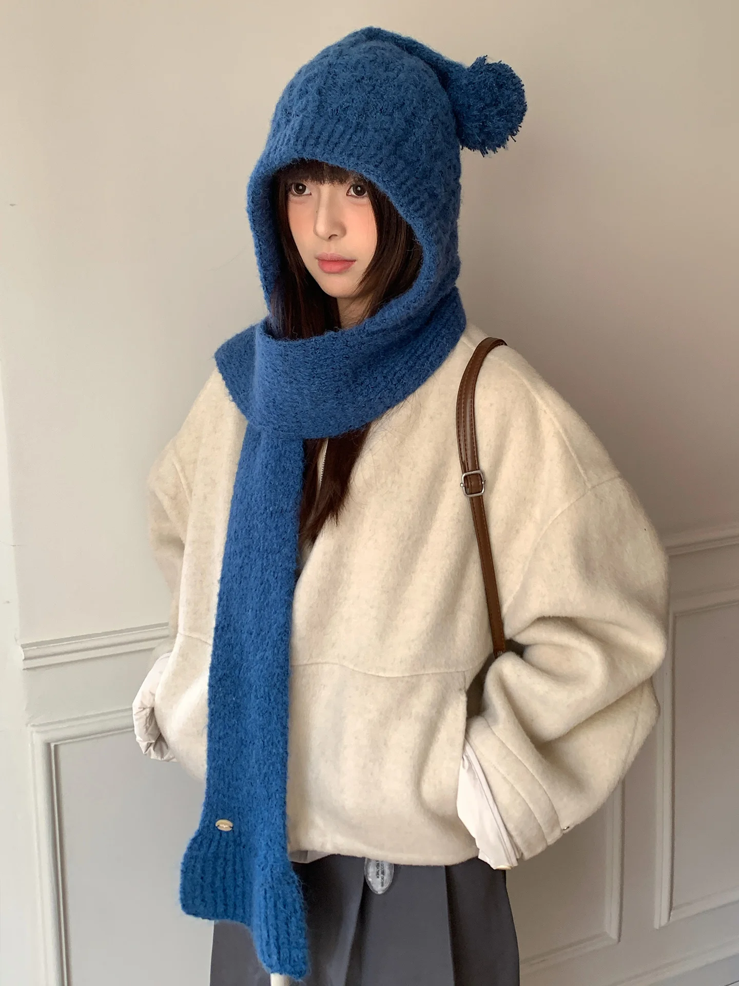 Woolen Korean-Style Blue Knitted Balaclava For Women Winter Warm Hat And Scarf