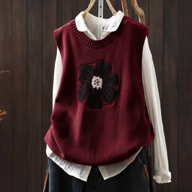 

Women Casual Vest Sweaters New 2026 Spring Simple Style O-neck Floral Pattern Loose Female Sleeveless Knitted Pullovers M2301