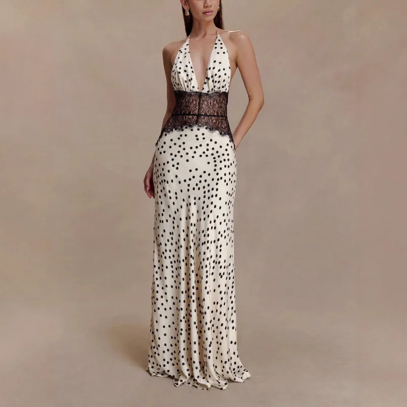 

Polka Dot Backless Sexy Maxi Dress Women Elegant Patchwork Lace Vestidos Halter Deep V Neck Sleeveless Bodycon Club Dress Y2k