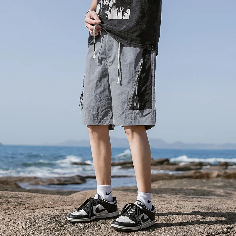 2024 Summer New Trend Fashion Zipper Pocket Contrast Color Men\'s Shorts Elastic Waist Drawstring Cargo Pants Simple Knee Length