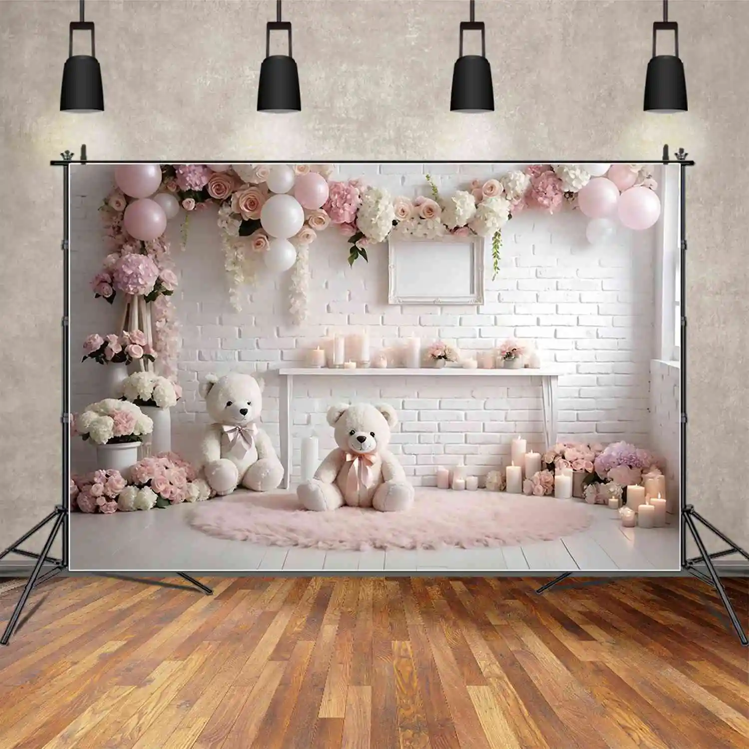 

MOON.QG Flower Garland Birthday 1 Year Background Children's Teddy Bear Balloon Indoor Backdrops Custom Party Photocall Supplies