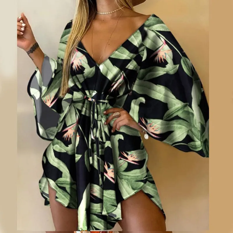 Sexy Women Autumn Summer Mini Dress Floral Print V Neck 3/4 Bat Sleeve Lace Up Irregular Hem Casual Loose Beach Cover Up Dress