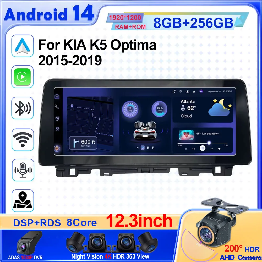 

12,3-дюймовый Android 14 для KIA K5 Optima 2015-2019, авторадио, мультимедийный плеер, GPS-навигация, Carplay Android Auto NO 2din DVD