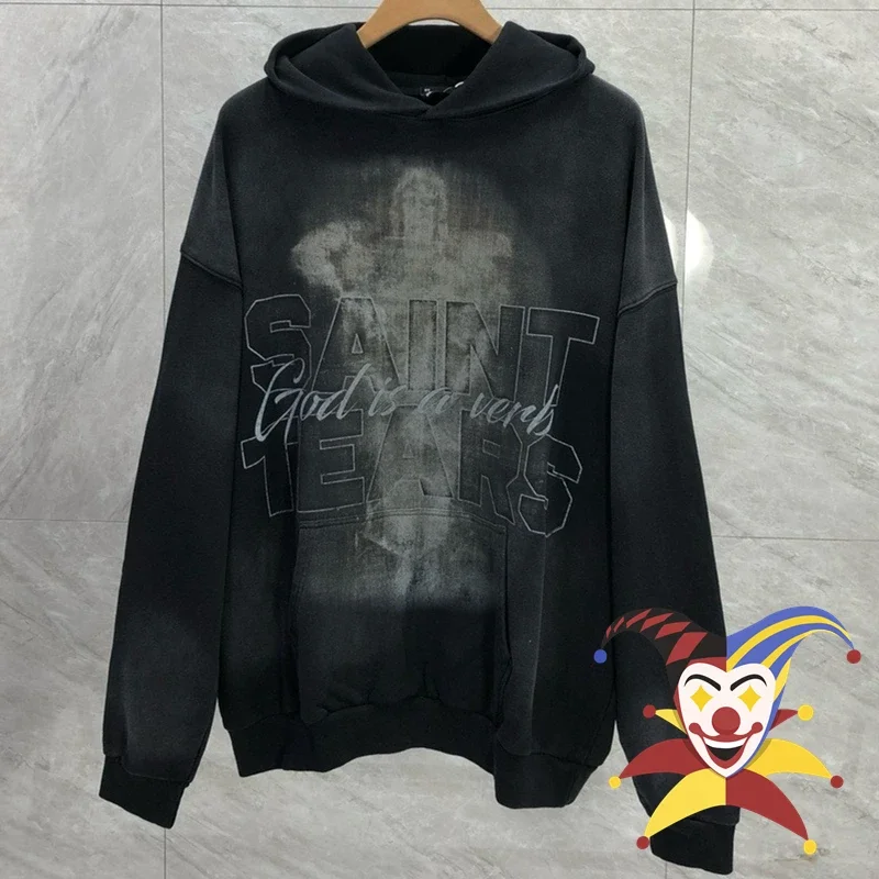 Saint Tears High Street Vintage Washed Black Men Women Oversized Pullovers High Quality  Graphics Print Hoodie