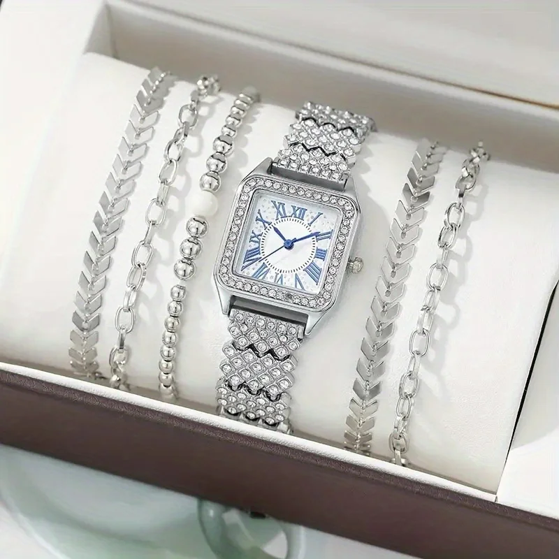 

6PCS Women Luxury Watch Square Dial with Sparking Diamonds Ladies Fashion Watches with Beaded Bracelet Best Gift Set for Ladies