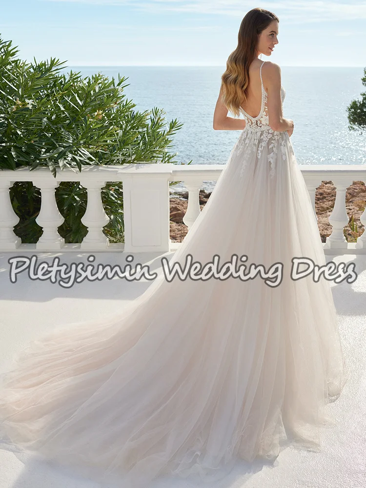 Vestido de novia con abertura larga de encaje para playa, vestido de novia Sexy de tul transparente con escote en V profundo y tirantes finos para novia, personalizado 2026