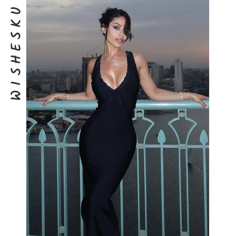

Sexy Backless Lace Up Black Goth Maxi Dress Women Low Cut High Slit Elegant Party Vestido 2025 Summer Harajuku Birthday Clothes