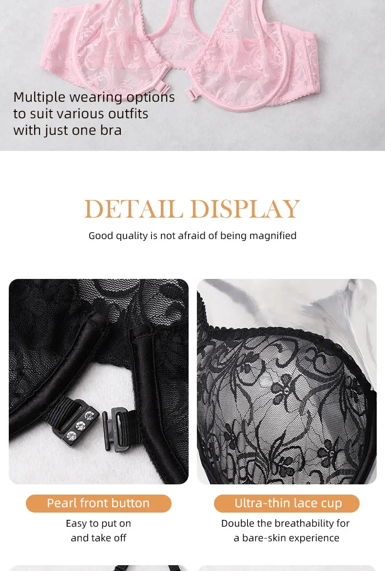 Damen-BH mit Spitze und Knöpfen vorne, Bügel-Unterwäsche, BH-Tops, elegante Stickerei, schöner Rücken, Übergröße, Dessous, Körbchengröße A B C D E F – Detail 10