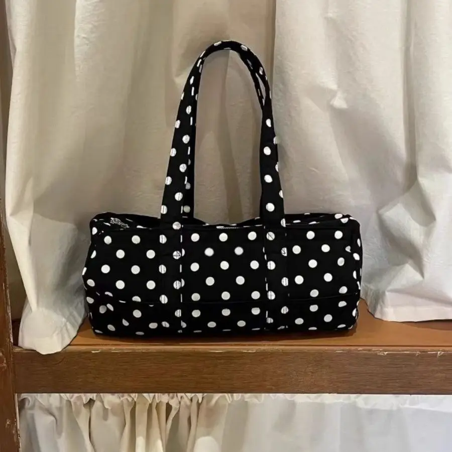 Women New Korean Style Cute Black White Polka Dot Large Capacity Casual Versatile Shoulder Top Handle Bag Travel Daily