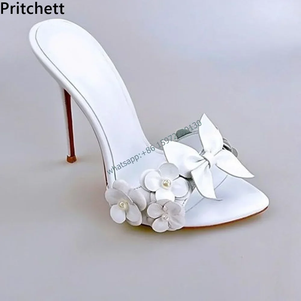 

Pearl Flower Butterfly Leather Sandals Pointy Toe Thin Heels Shoes Solid Pink White Sweet Girl Luxury Party Dress Runway Shoes