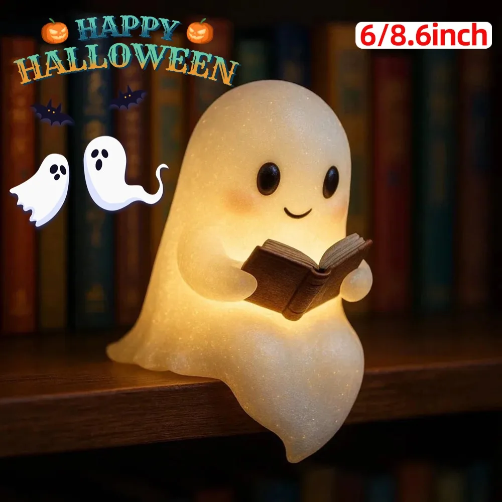 هالوين لطيف شبح مصباح صغير الراتنج بطارية تعمل بالطاقة تضيء هالوين زخرفة جميلة شبح القراءة تمثال ديكور ضوء الليل #4