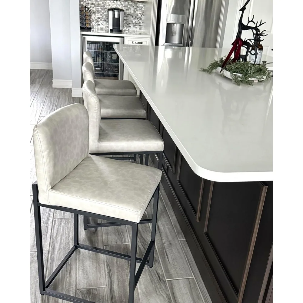 مقاعد بار من الجلد الصناعي، مقعد مرتفع بارد مع ظهر، أرجل معدنية، مسند للقدمين، كراسي بار منجدة حديثة #3