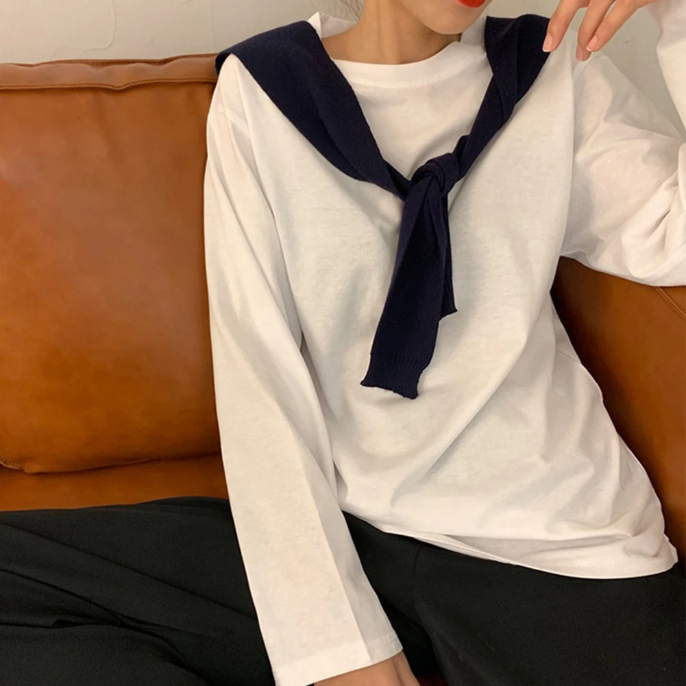 1PC Damskie damskie codzienne koszulki z długim rękawem w jednolitym kolorze Moda Casual Koreańskie topy z warstwą podstawową O-Neck