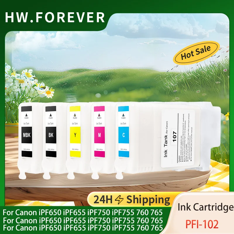 PFI-102 PFI 102 Canon IPF605 용 칩이있는 리필 잉크 카트리지 650 655 750 755 605 프린터 빈 잉크 카트리지