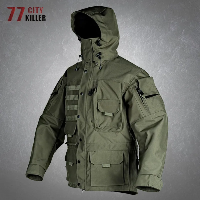 Tactical Bomber Hooded Jackets Men Outdoor Multiple Pockets Wear-resistant Waterproof Military Coats Intruder Combat Jacket Male