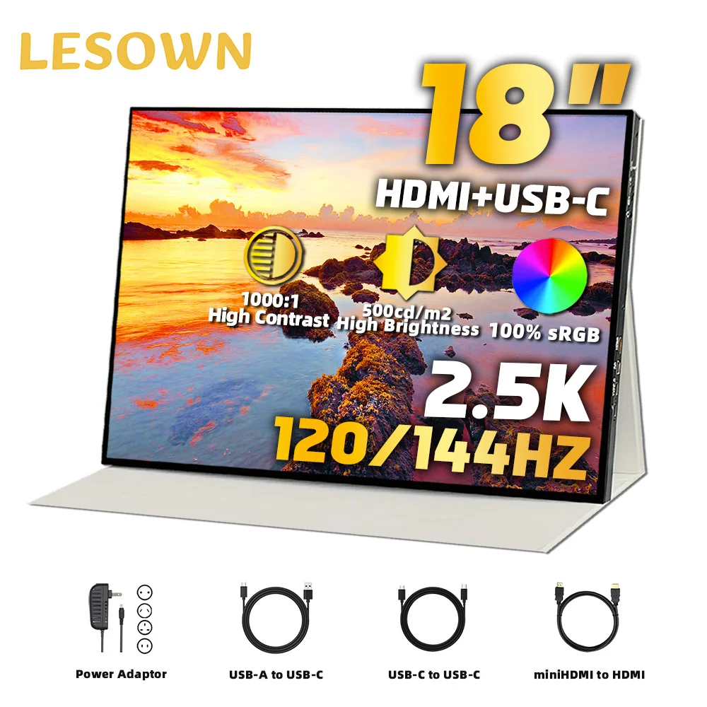 LESOWN 2.5K 144Hz 120Hz Portable Gaming Monitor 18 inch 2560x1600 QHD 100%sRGB Laptop Secondary Display for Game Console Phone