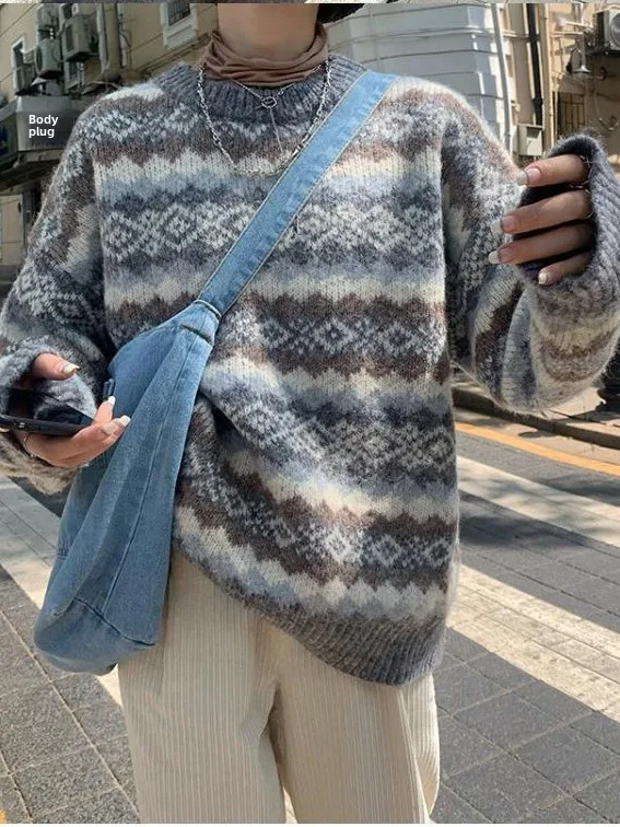 

Женский вязаный свитер Cisas Lazy Sle, свободный крой, круглый теплый трикотаж, новинка 2025, корейская версия, зимний топ