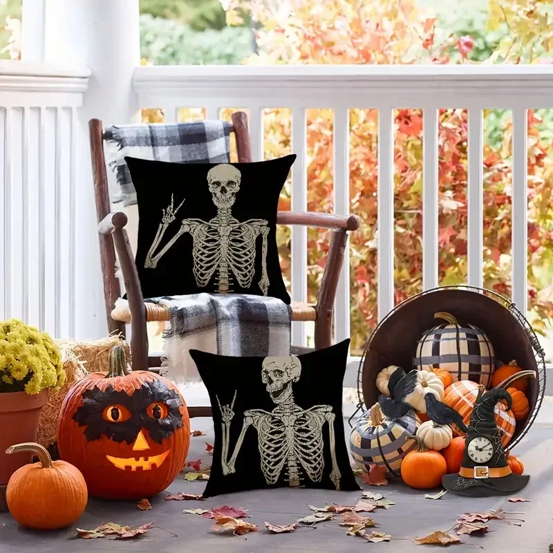 Funda de almohada de calavera escalofriante, decoración gotica de Halloween para sala de estar, sofá, coche, funda de cojín y