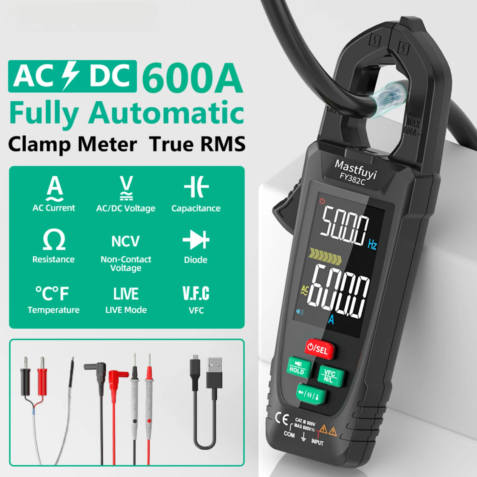 

MASTFUYI FY382C Smart Clamp Meter 600A Current Voltage High Precision 6000 Counts Digital Multimeter Tester Tool for Electrician