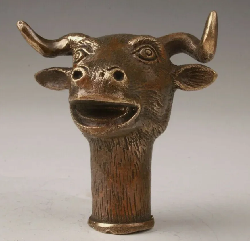 old bronze statue animal cattle bull cane walking stick head handle accessorie