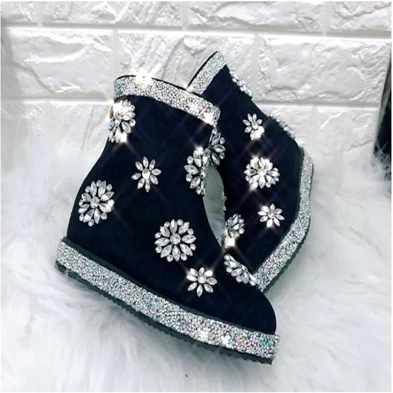 Hand-made luxury rhinestone pointy velvet women's boots Heavy Industry party Black thickened women's cotton boots 35-41