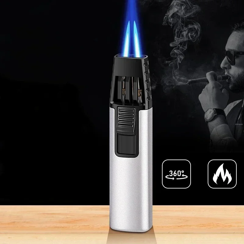 

Мини-металлическая двойная турбо-зажигалка, портативная уличная зажигалка для сигар, кухонная ветрозащитная высокотемпературная горелка для барбекю, инструмент зажигания